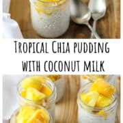 Jars of chia pudding on a wooden board.